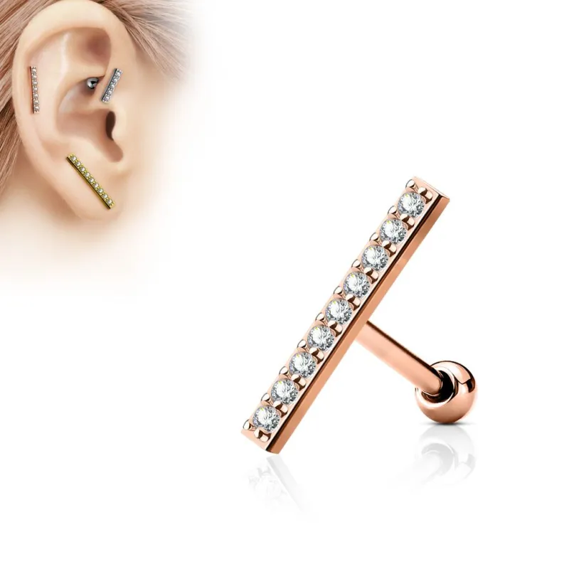 Piercing oreille cartilage barre plaqué or rose 9 strass