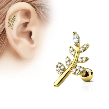 Piercing oreille cartilage plaqué or feuille pavée de strass