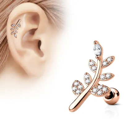 Piercing oreille cartilage plaqué or rose feuille pavée de strass