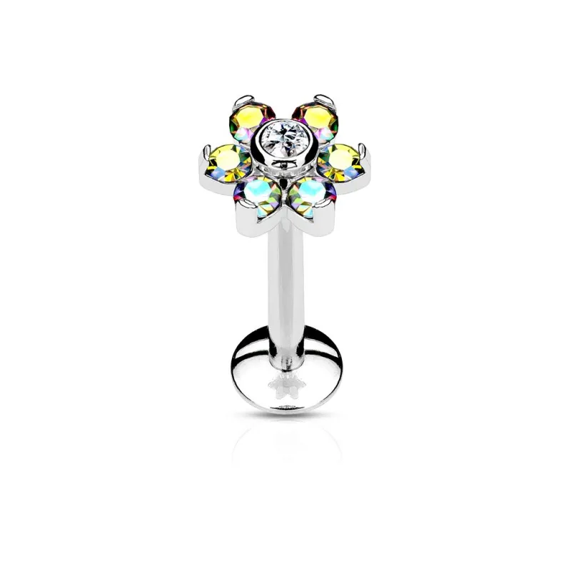 Piercing oreille labret lèvre fleur cristaux aurore boréale