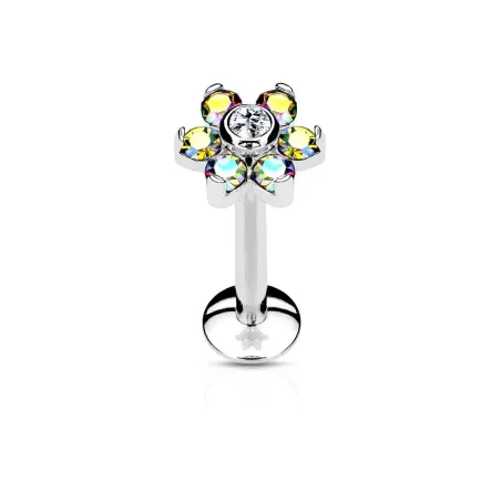 Piercing labret lèvre fleur cristaux aurore boréale