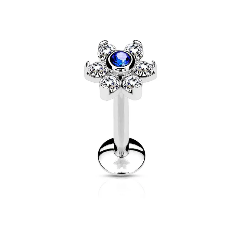 Piercing oreille labret lèvre fleur cristaux bleu