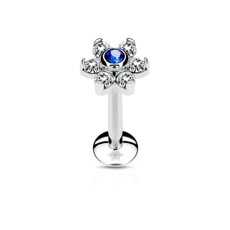 Piercing labret lèvre fleur cristaux bleu