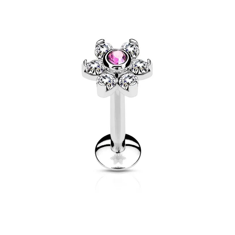 Piercing oreille labret lèvre fleur cristaux rose