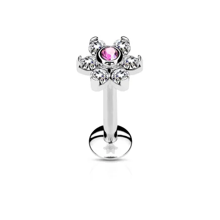 Piercing labret lèvre fleur cristaux rose