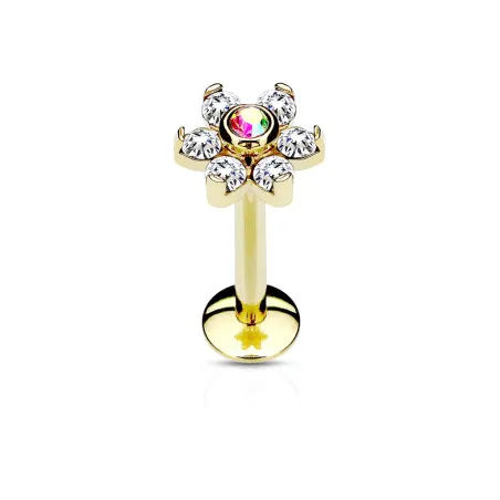 Piercing labret lèvre fleur cristaux blanc acier doré