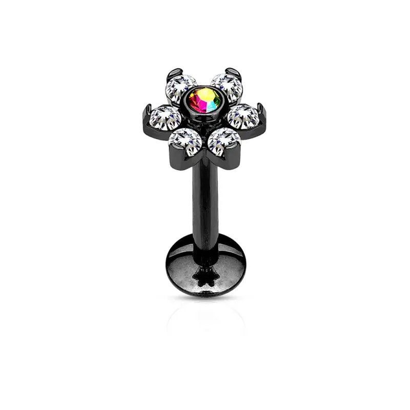 Piercing oreille labret lèvre fleur cristaux blanc acier noir