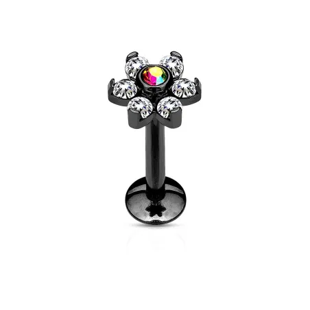 Piercing labret lèvre fleur cristaux blanc acier noir