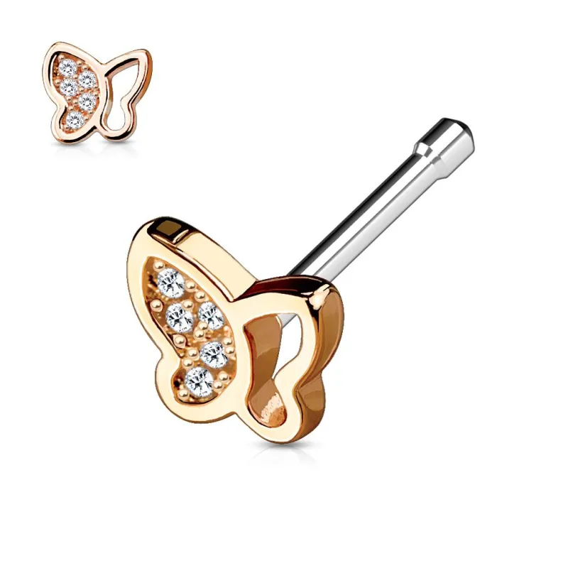 Piercing nez tige droite papillon or rose