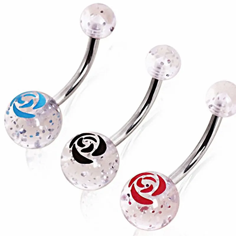 Piercing nombril boule acrylique paillettes rose