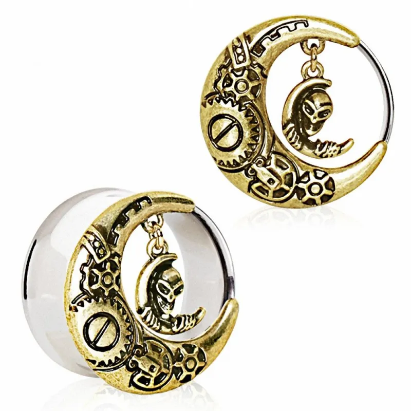 Piercing plug oreille plaqué or steampunk lune alien