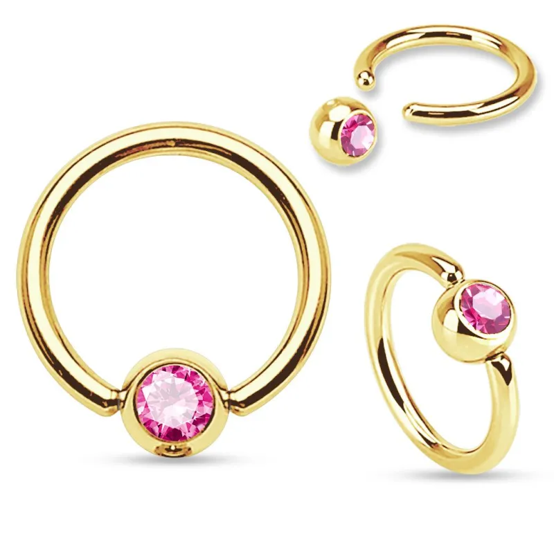 Piercing oreille anneau captif Plaqué Or Strass Rose