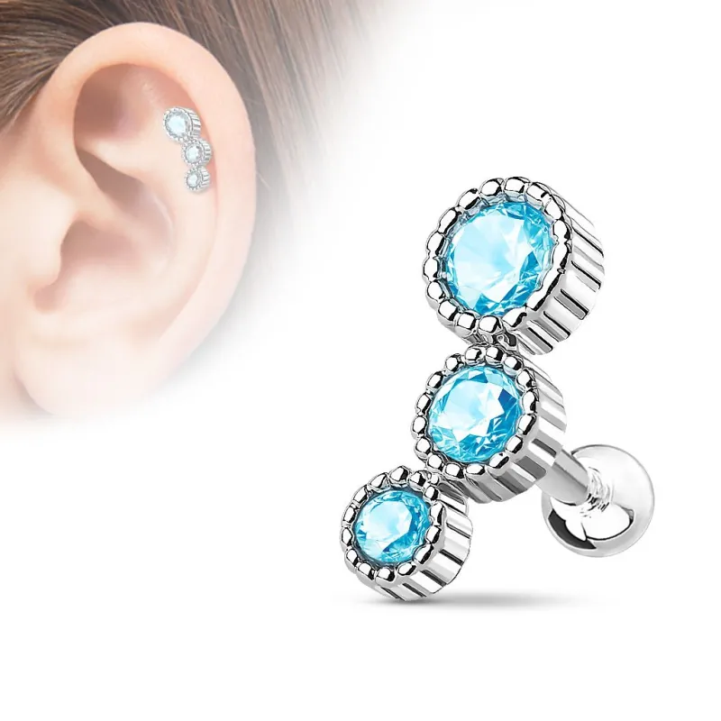 Piercing oreille cartilage triple strass turquoise