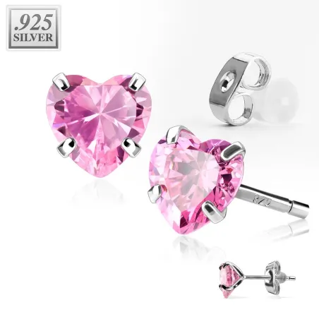 Paire Boucles d'oreille Clous Pierre Coeur Rose en Argent 