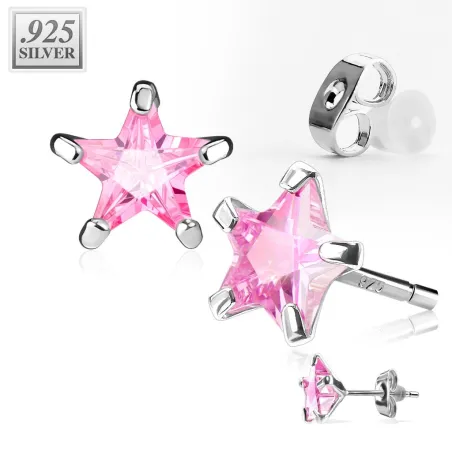 Paire Boucles d'oreille Clous Pierre Etoile Rose en Argent 