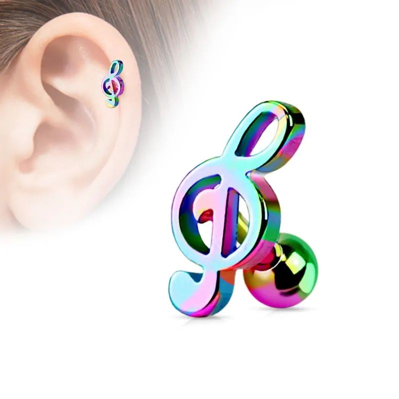 Piercing oreille Cartilage Tragus Clef de Sol Multicolore