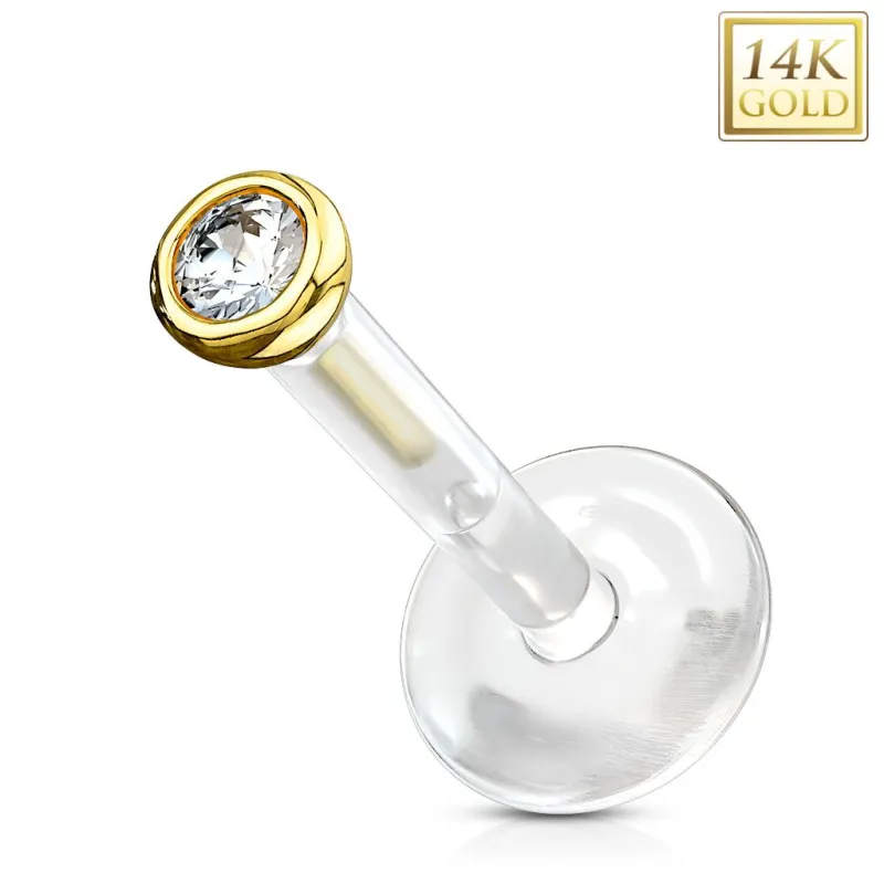 Piercing oreille labret Bioplast et Or jaune 14K Gemme