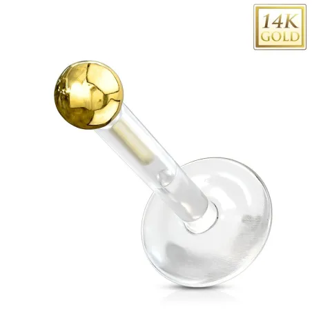 Piercing labret Bioplast + Boule Or jaune 14 carats véritable  - Bijou Piercing Labret