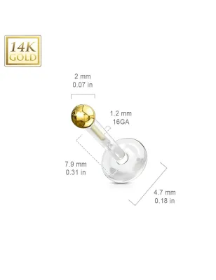 Piercing oreille labret Bioplast + Boule Or jaune 14K véritable