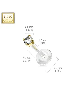 Piercing labret Bioplast + Or jaune 14K véritable avec gem