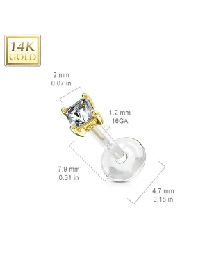 Piercing oreille labret Bioplast et Or 14K Gemme Carré