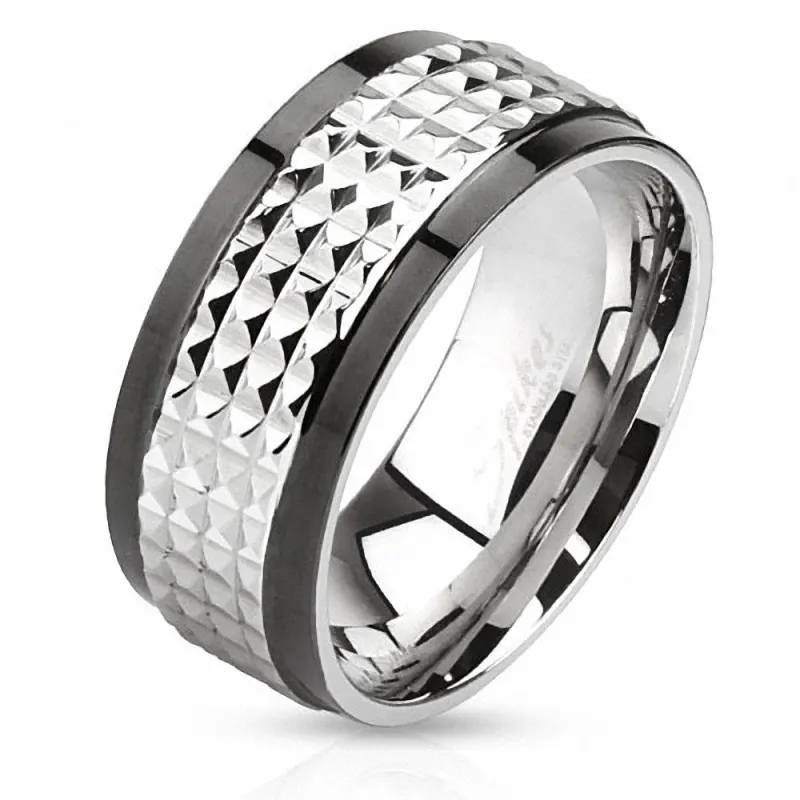 Bague homme acier pyramides bandes noires