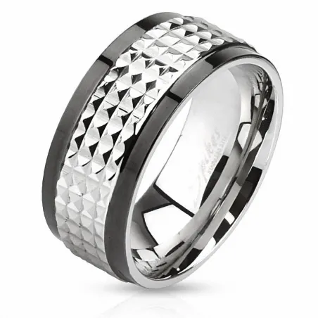 Bague homme acier pyramides bandes noires