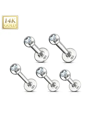 Piercing oreille Labret Or Blanc 14K Véritable avec GEM