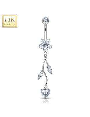 Piercing nombril Or blanc 14 carats fleur vigne