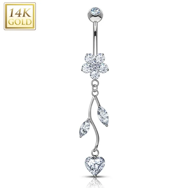 Piercing nombril Or blanc 14 carats fleur vigne