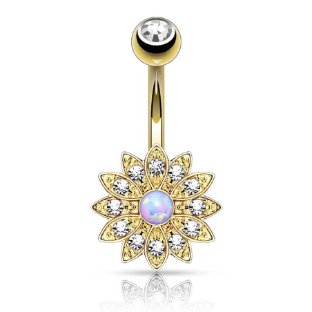 Piercing nombril petite fleur opale plaqué or