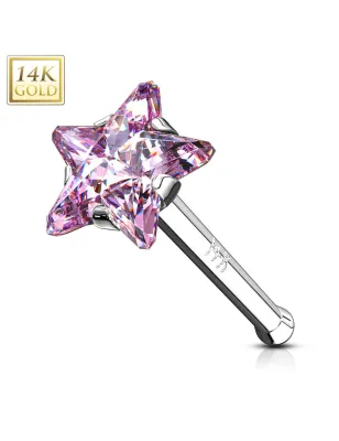 Piercing nez Or Blanc 14 Carats tige droite étoile rose