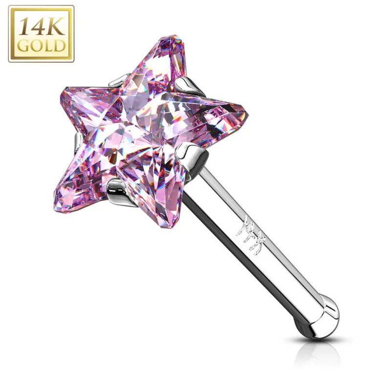 Piercing nez Or Blanc 14 Carats tige droite étoile rose