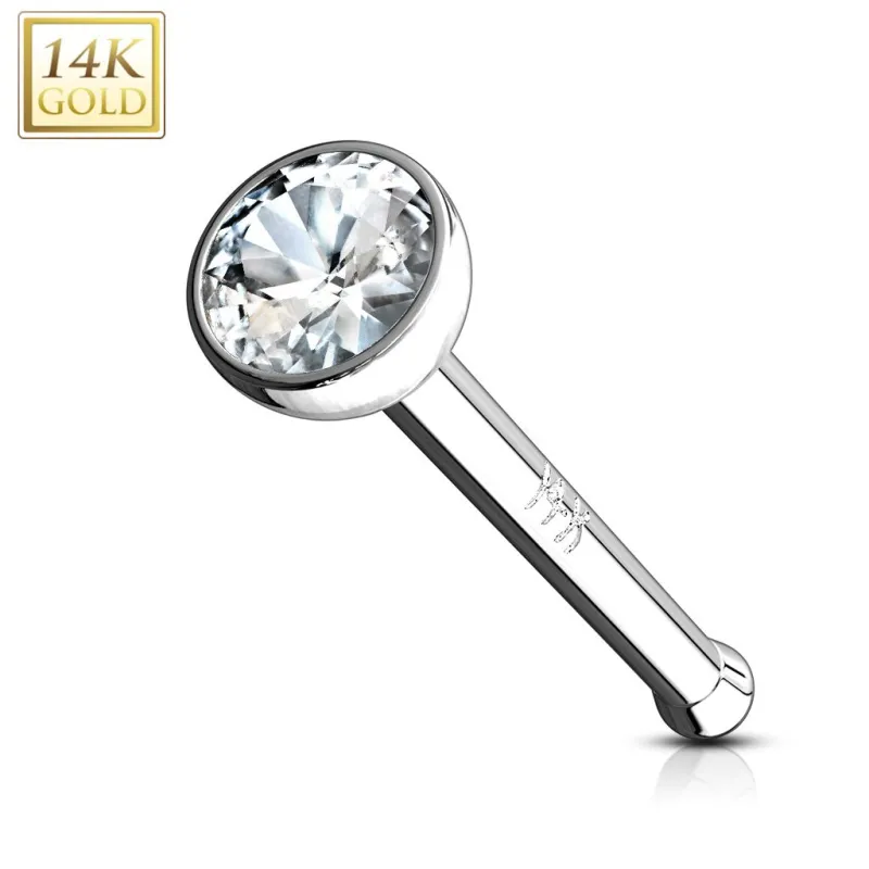 Piercing nez tige droite Or Blanc 14 carats gemme rond