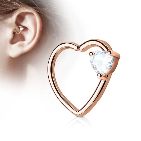 Piercing cartilage daith gemme coeur blanc plaqué or rose