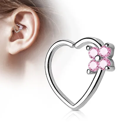 Piercing cartilage daith coeur quatre gemmes roses