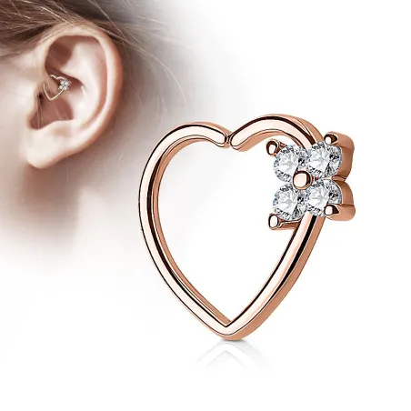 Piercing cartilage daith coeur quatre gemmes plaqué or rose