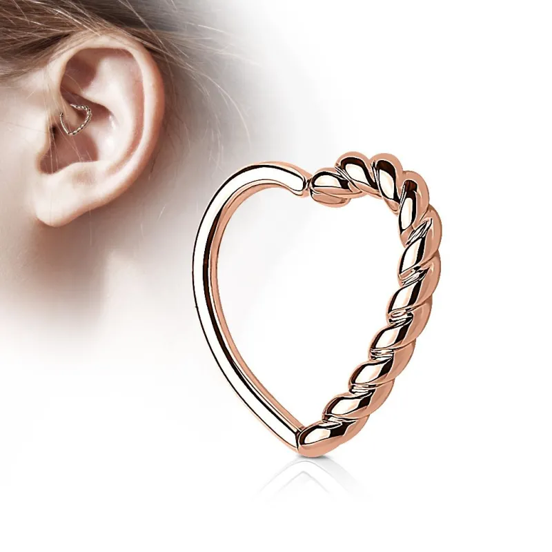 Piercing oreille cartilage daith coeur tressé plaqué or rose