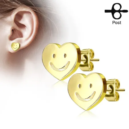 Paire boucles d'oreilles clous coeur smiley doré