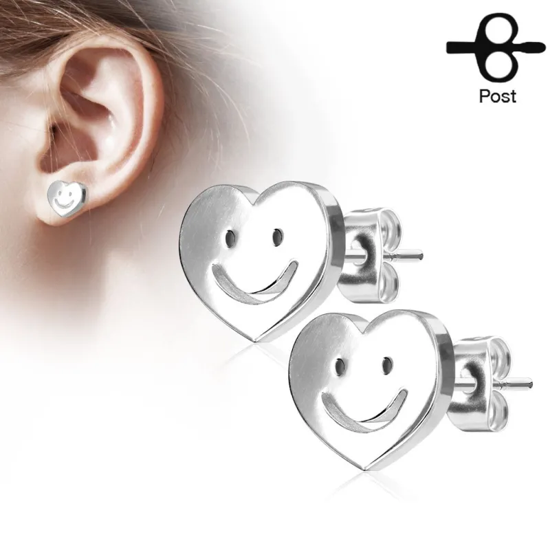 Paire boucles d'oreilles clous coeur smiley argenté