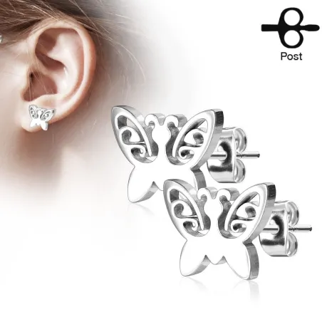 Paire boucles d'oreilles clous papillon argenté