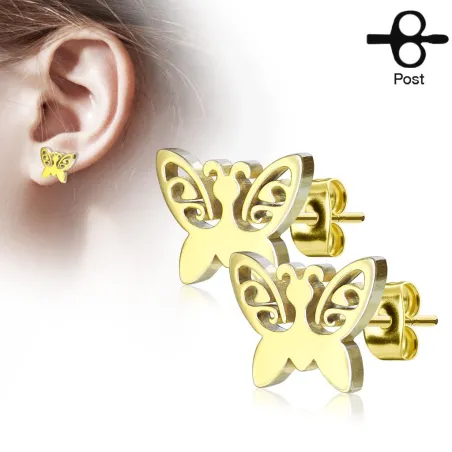 Paire boucles d'oreilles clous papillon doré