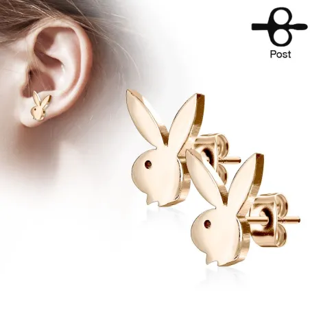 Paire boucles d'oreilles clous Playboy lapin or rose