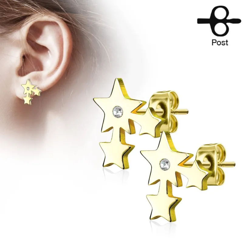 Paire boucles d'oreilles clous trois étoiles doré