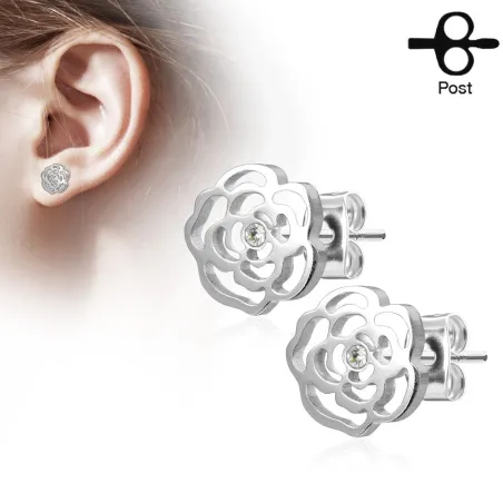 Paire boucles d'oreilles clous fleur rose argenté