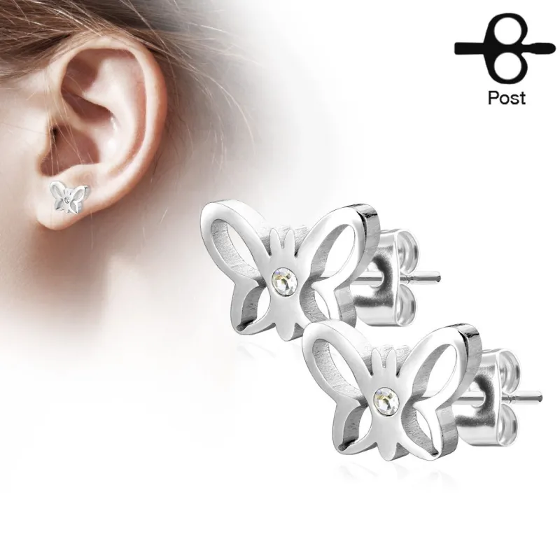 Paire boucles d'oreilles clous papillon strass argenté