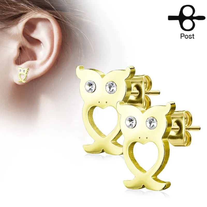 Paire boucles d'oreilles clous hibou strass doré