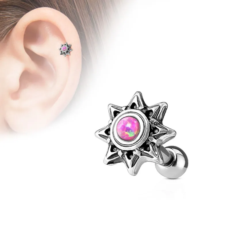 Piercing oreille cartilage hélix soleil tribal opale rose