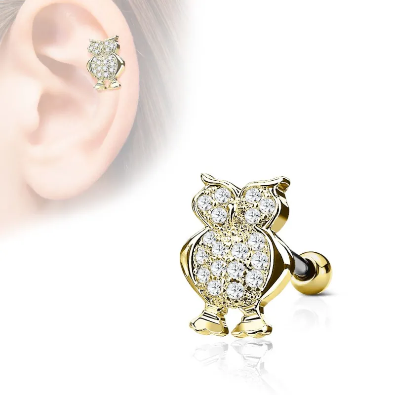 Piercing oreille cartilage hélix hibou strass plaqué or