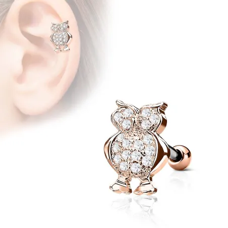 Piercing cartilage hélix hibou strass plaqué or rose